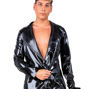 <b>Men's</b> Black Glossy Long Sleeve <b>V</b>-<b>Neck</b> <b>Shirt</b> Solid Color Gothic Style Regular Fit Woven Polyester Short Length - Product Image 6