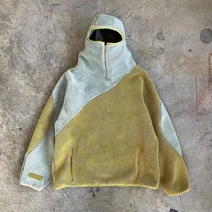Sweat à capuche pour homme en coton et polaire Sherpa, coupe décontractée personnalisée, épais, uni, moelleux, style patchwork, avec demi-fermeture éclair et fermeture éclair intégrée, type Ninja, pour l'hiver - Product Image 5