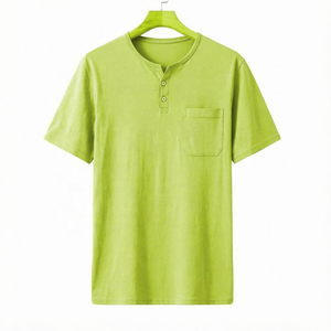 Men's Lime Green Short Sleeve <b>Henley</b> T-<b>Shirt</b> Regular Fit Cotton Casual Solid Color Pocket Front Breathable Knitted Fabric - Product Image 1