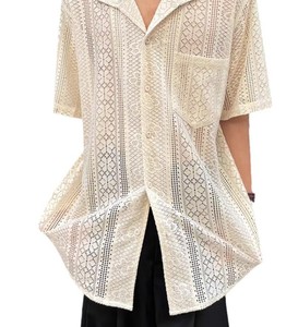 Camisa de manga corta asimétrica de encaje negro para mujer, cuello vuelto, corte holgado, estampado geométrico, primavera verano - Product Image 4