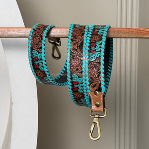 สายหนังทำมือสไตล์วินเทจเรียกลายดอกไม้และกระบองเพชรมีอุปกรณ์แฮนด์เมดสำหรับกระเป๋าสายหนังแท้พร้อมตะขอทองเหลืองโบราณ - Product Image 4