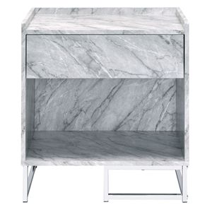 White Faux <b>Marble</b> and Chrome Accent <b>Console</b> <b>Table</b> with Printed Design - Product Image 2