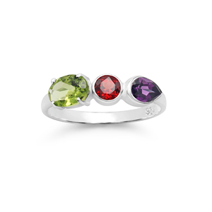 New <b>925</b> Sterling <b>Silver</b> Three Stone <b>Ring</b> With Peridot Garnet Amethyst Faceted Gemstones Prong Setting Classic Style Fine Jewelry - Product Image 1