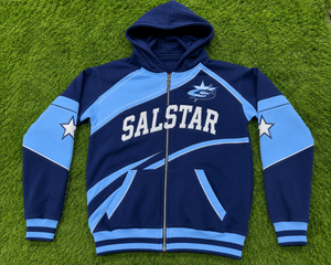 เสื้อฮู้ดดี้ผู้ชายสไตล์วินเทจสีน้ำเงินแบบมีซิป พร้อมฮู้ด  เสื้อสเวตเชิ้ตพรีเมียมแนวสตรีทแวร์  ตกแต่งด้วยแผงผ้าตัดกัน  รับสกรีนโลโก้ตามสั่ง - Product Image 6