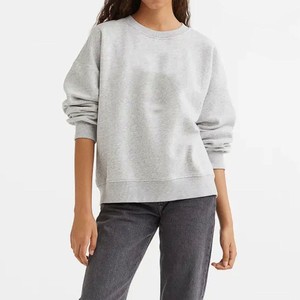 Sweat-shirt surdimensionné 100 % coton pour femme, col rond, gris uni, tricoté, épaules tombantes, manches longues, respirant, pour l'automne, OEM ODM - Product Image 2