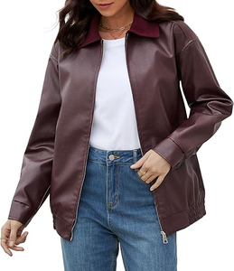 Chaqueta Bomber de Cuero PU para Mujer, Manga Larga, Cierre de Cremallera, Color Sólido, Estilo Otoñal, Cuello Camisero, Largo Regular - Product Image 1