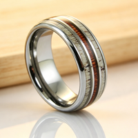 Bague en carbure de tungstène argenté avec incrustation de bois rouge et de bois de cerf, alliance polie de 8 mm pour homme, bijoux inspirés de la nature en gros