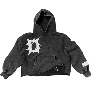 Vente en gros Sweat à capuche oversize délavé à l'acide, effet usé, avec patch brodé, lettres en strass et cristaux, style streetwear - Product Image 4