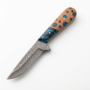 Couteau de chasse en acier de Damas en gros, manche hybride personnalisé en résine turquoise et bois, lame fixe, couteau de camping extérieur OEM - Product Image 5