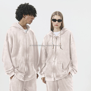 OEM Heavyweight Vintage Boxy Hoodies Cotton Blend Custom Logo Puff Printing Washed Hoodie with <b>Zipper</b> Embroidery 3D Pattern - Product Image 3