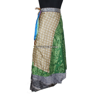 Falda Vintage de Seda India con Diseño Envolvente, Ideal para la Playa, Falda de 2 Capas para Fiestas, Sari de Seda India Reciclada - Product Image 1