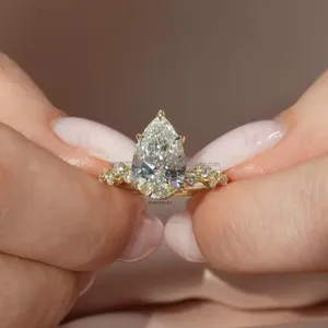 Luxury Pear Shape Diamond Ring Yellow Gold Finish with Side <b>Stones</b> Teardrop Design Elegant Wedding Ring for Women Fine Jewelry - Product Image 1