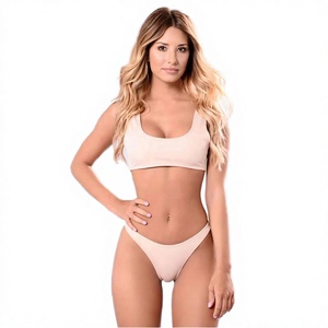 Conjunto de Bikini de Color Sólido para Mujer, Top Bandeau con Cuello Redondo, Braguita Tipo Tanga, Traje de Baño Elástico de Spandex y Nailon - Product Image 2