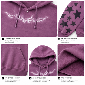 Felpa con Cappuccio Oversize Unisex in Felpa Pesante con Stampa Serigrafica Vintage Lavata, Colore Dusty Mauve, con Grafica a Stella Fulmine, Stile Streetwear - Product Image 4