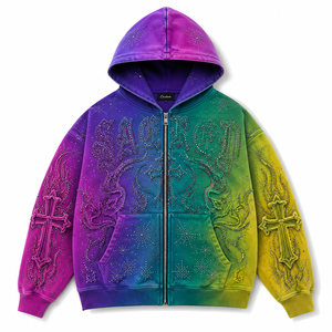 Streetwear Custom 450 gsm Men's French Terry Fleece Luxury Multi Color Rhinestone Embroidery <b>Zip</b> <b>Up</b> <b>Hoodie</b> <b>Cropped</b> Boxy <b>Hoodie</b> - Product Image 1