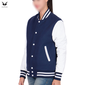 Women's Navy Blue Varsity Jacket With White Sleeves Best Selling Highest Quality Winter Outer Wear Customized Jackets For Women - Product Image 4