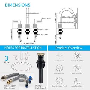 Rubinetto da Bagno Dorato a 2 Maniglie da 8 Pollici in Acciaio Inossidabile, Miscelatore a 3 Fori con Scarico a Scomparsa per Lavabo - Product Image 6