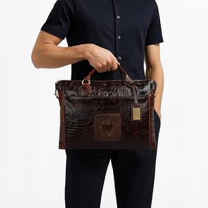 Bolso de Cuero Genuino con Cierre de Cremallera con Patrón de Serpiente, Dos Asas, Estilo Clásico, Bolso de Mano Unisex para Negocios - Product Image 2