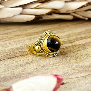 New Arrival Bohemia <b>Tiger</b> <b>Eye</b> <b>Ring</b> Tribal Brass Gemstone Women 18k Gold Plated Vintage Statement Band Wholesale/OEM/ODM - Product Image 1