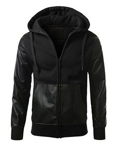 <b>Men</b> <b>Zip</b>-<b>Up</b> Leather Sleeve Hoodie Patchwork <b>Fleece</b> Lined Heavy Sweatshirt Jacket Eco-Friendly 300g Winter Streetwear - Product Image 2