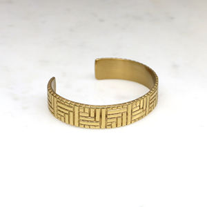 Handmade Brass Cuff <b>Bracelet</b> for Men & Women – Geometric Basket Weave Pattern – <b>Adjustable</b> Gold-Tone Open Bangle - Product Image 5