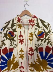 Beige Embroidery <b>Cardigan</b> Long Sleeve Floral Print Hand Embroidered Loose Fit Cotton Casual Wear All Seasons Beautiful Elegant - Product Image 4