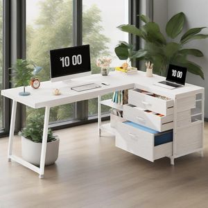 โต๊ะคอมพิวเตอร์อุตสาหกรรมรูปตัว L ขนาด 53 นิ้ว แบบพลิกกลับได้ สำหรับโฮมออฟฟิศ 3 ลิ้นชัก พร้อมชั้นวางสำหรับการเรียนและการเขียน - Product Image 6