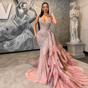 Luxury Blush Pink Feather Mermaid Evening Gown for Women Heavy Hand Embroidered Crystal Work Designer <b>Prom</b> <b>Dress</b> Wedding Gown - Product Image 4