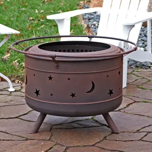 Rustic Iron Fire Pit With Star And Moon Cutouts 20 In Height Outdoor Wood Burning Fireplace With Poker Included - Product Image 4