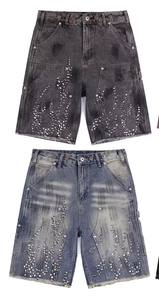 Pantalones Cortos de Mezclilla de Alta Calidad, Estilo Urbano, 100% Algodón, Desgastados, con Remaches de Diamantes de Imitación, Lavados, Estilo Carpintero, Vintage, Bonitos, de Tiro Medio - Product Image 4