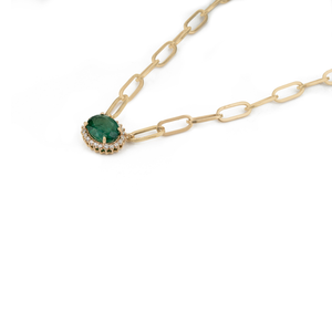 Simple Latest Design Oval Shape <b>Emerald</b> & Round Cut Diamond Stackable Paperclip Chain Cluster <b>Pendant</b> Necklace 14K Yellow Gold - Product Image 5