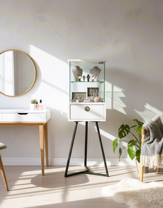 Vitrine moderne minimaliste en verre blanc avec tiroir sur support trépied pour rangement dans le salon - Product Image 2