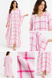 Women <b>Summer</b> Pink Grid Print Cotton <b>Kaftan</b> V Neck Loose Beach Cover Bohemian Maxi Length Kimono Dress Breathable Drawstring - Product Image 5