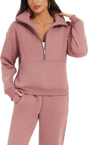 Conjunto Deportivo Rosa para Mujer 100% Poliéster, Sudadera con Cierre de Media Cremallera, Pantalones Largos, Color Sólido, Ropa Casual de Otoño, Transpirable, OEM ODM - Product Image 3
