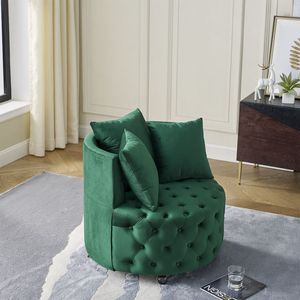 Poltrona Girevole in Velluto per Soggiorno Verde con Design Trapuntato a Bottoni e Ruote Mobili Include 3 Cuscini - Product Image 4