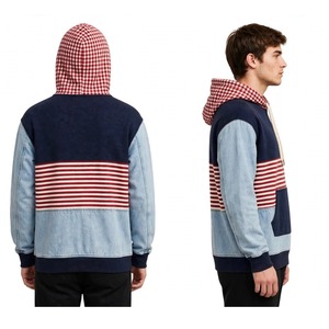 NEXTEX Sweat à capuche unisexe patchwork, rayures bleu marine, rouge et blanc, en denim léger, à carreaux, color block, en molleton de coton - Product Image 2