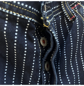 Jean en denim rayé à taille haute et coupe droite pour homme, décontracté, en coton mi-lourd, coupe régulière, bleu et blanc à fines rayures, tissé, automne - Product Image 2