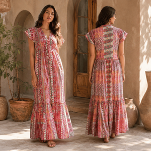Premium Bohemian Maxi <b>Dress</b> for Women with Floral Ethnic Print Flutter Sleeves V Neck and Flowy Tiered Hem Summer Vacation Wear - Product Image 4