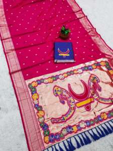 Sari en soie Pethani douce avec motifs tissés Zari Meenakari, sans plis, séchage rapide, pour tenue de fête traditionnelle, avec pallu à franges intégré - Product Image 3