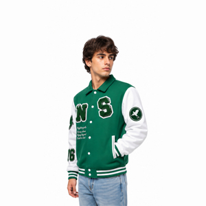 แจ็คเก็ต Letterman แบบ OEM ขายส่ง แจ็คเก็ต Varsity ปักลาย Chenille แจ็คเก็ต Varsity ปักลายปักโลโก้ตามสั่ง ตัวเสื้อทำจากผ้าขนสัตว์ แขนเสื้อทำจากหนัง - Product Image 1