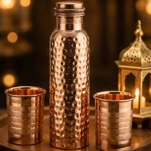 <b>Copper</b> Water Bottle 1L Portable Minimalist Design for 950ml Hammered Finish <b>Screw</b>-on Lid Leak-proof Portable Drinking Bottle - Product Image 4