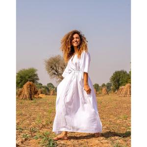 Women Cotton Linen White <b>Boho</b> Long <b>Dress</b> V Neck Short Sleeve Flowing <b>Summer</b> Vacation Maxi <b>Dress</b> - Product Image 3
