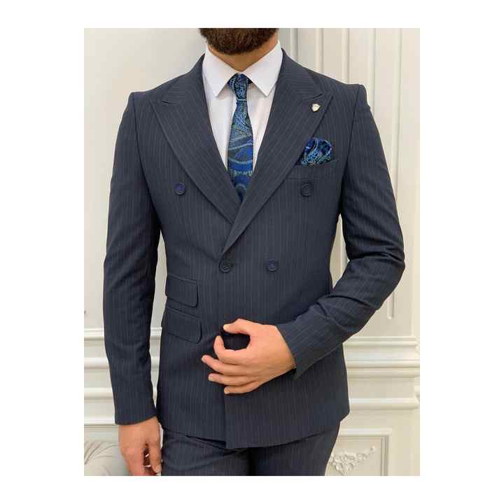 Men's Striped Double Breasted Suit Italian Style Slim Fit Jacket Trousers - Navy Blue