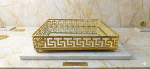 Luxury Handmade Durable Iron Greek Key Gold <b>Mirror</b> Square <b>Tray</b> | Ornate Decorative Serving <b>Tray</b> for Coffee Table | Glass Vanity - Product Image 4