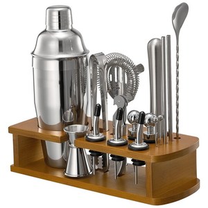 Juego de herramientas de bar moderno con soporte de madera, coctelera de acero inoxidable, jigger, colador y muddler para barman, utensilios de bar y uso en fiestas. - Product Image 2