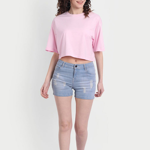 Top corto personalizado a la moda, de manga corta, liso, para fitness, ropa de gimnasio, top corto holgado de gran tamaño para mujer - Product Image 5