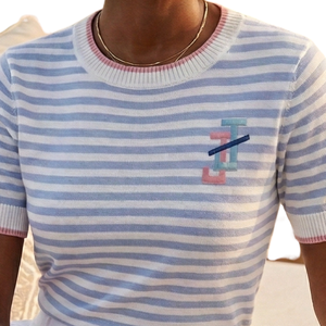 เสื้อสเวตเตอร์ถักแขนสั้นลายทางสีน้ำเงินและสีขาวสำหรับผู้หญิง เนื้อผ้านุ่ม สวมใส่สบาย แฟชั่นลำลอง เหมาะสำหรับใส่ในชีวิตประจำวัน - Product Image 3