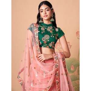 Glamour Peach Mirror Work Lehenga Choli Wedding Wear Robe en filet décorative - Product Image 5