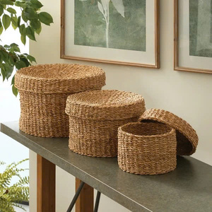 Top Selling Hot Trend Natural Seagrass Woven Storage Basket Unique Round Stackable <b>Box</b> with Lid Set of 3 For Home Hotel Decor - Product Image 1