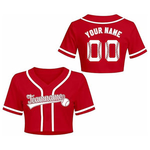 Women's <b>Red</b> Color Baseball Team Jersey <b>Crop</b> <b>Top</b> Personalized Name Number Softball Shirt Button Down V-Neck Short Sleeve - Product Image 1